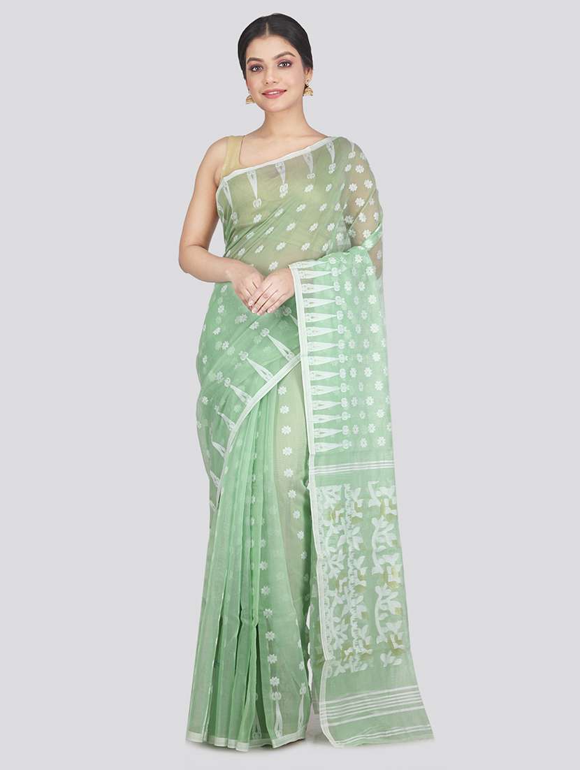 green cotton blend jamdani saree