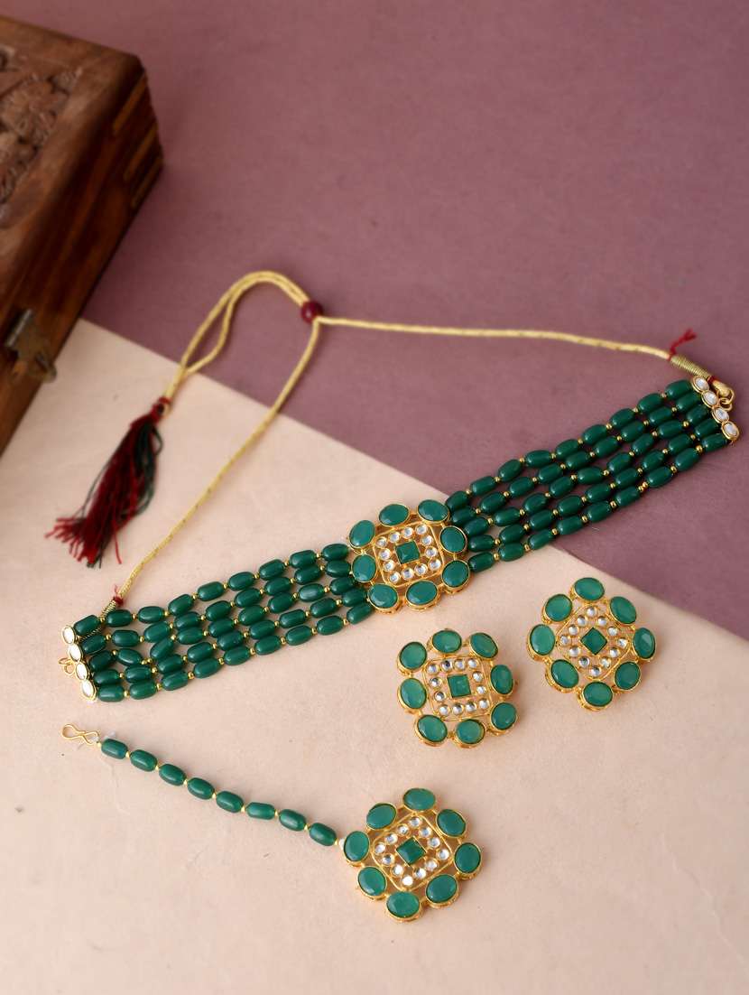 green brass necklace earring and maang tikka set - 18387622 -  Standard Image - 1