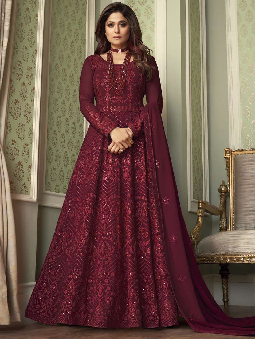 maroon georgette semistitched suit