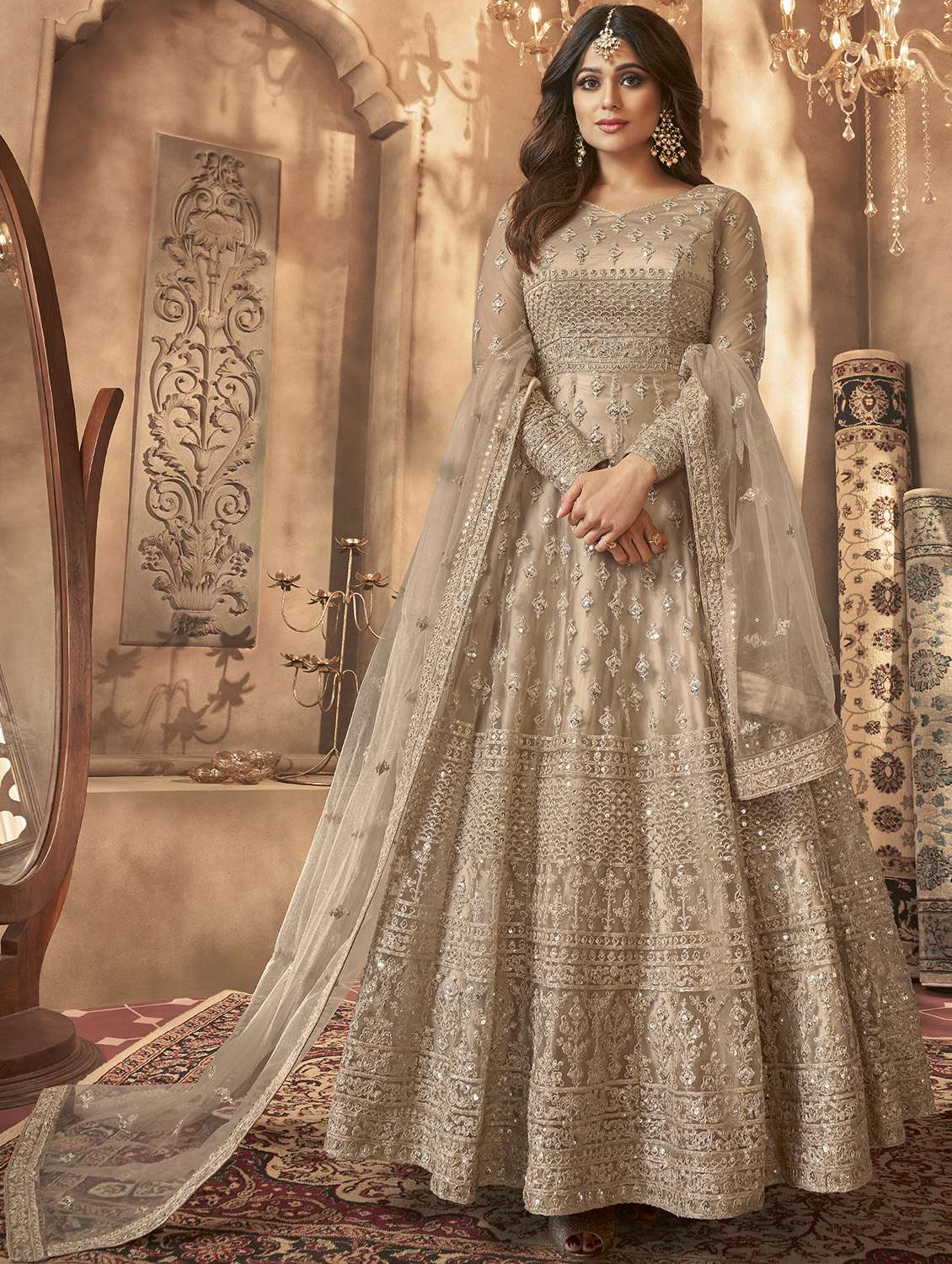 beige net semistitched suit