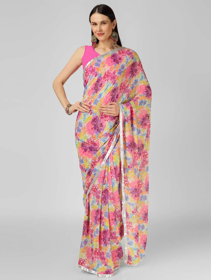 multi colored georgette printed saree with blouse