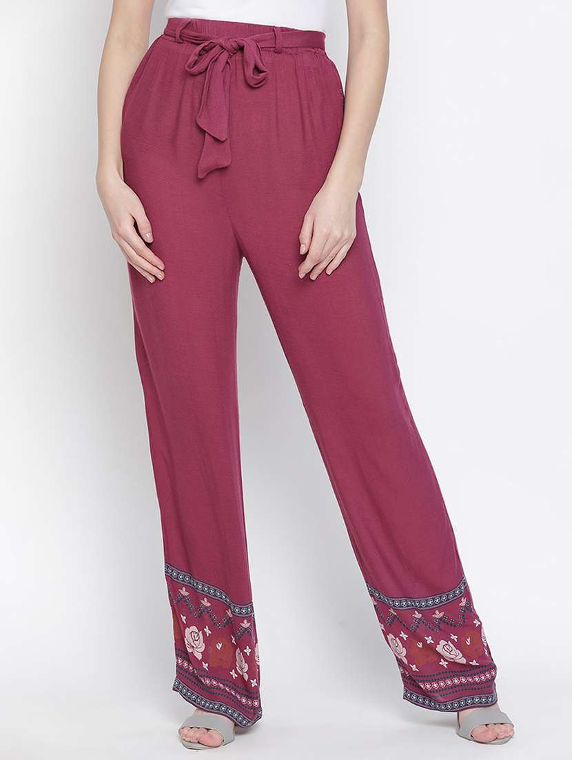 tie front printed hem flat front trouser
