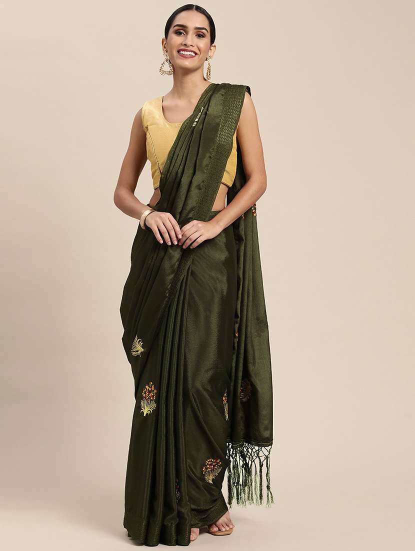mehandi chiffon embroidered saree with blouse