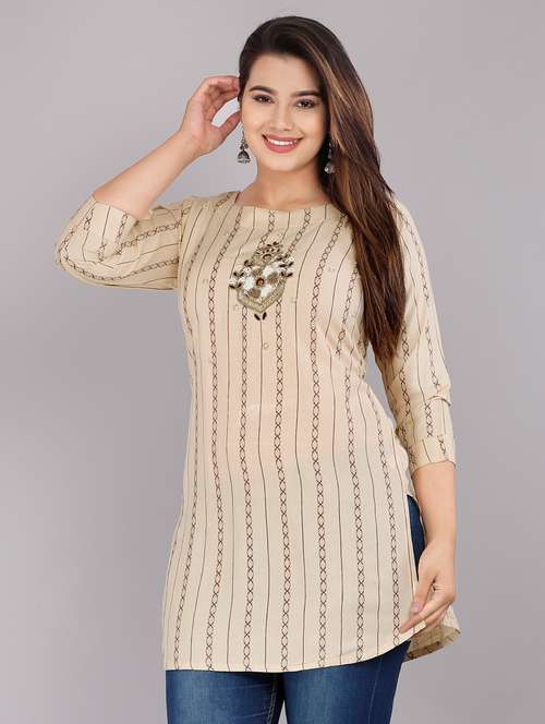beige embellished straight kurti - 18388775 - Standard Image - 0