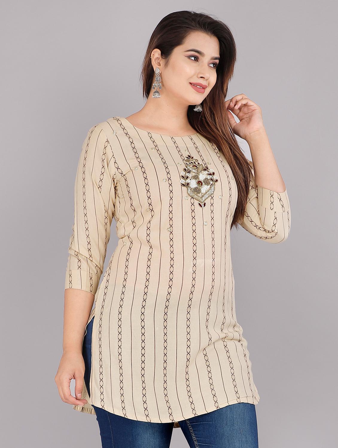 beige embellished straight kurti - 18388775 - Standard Image - 1