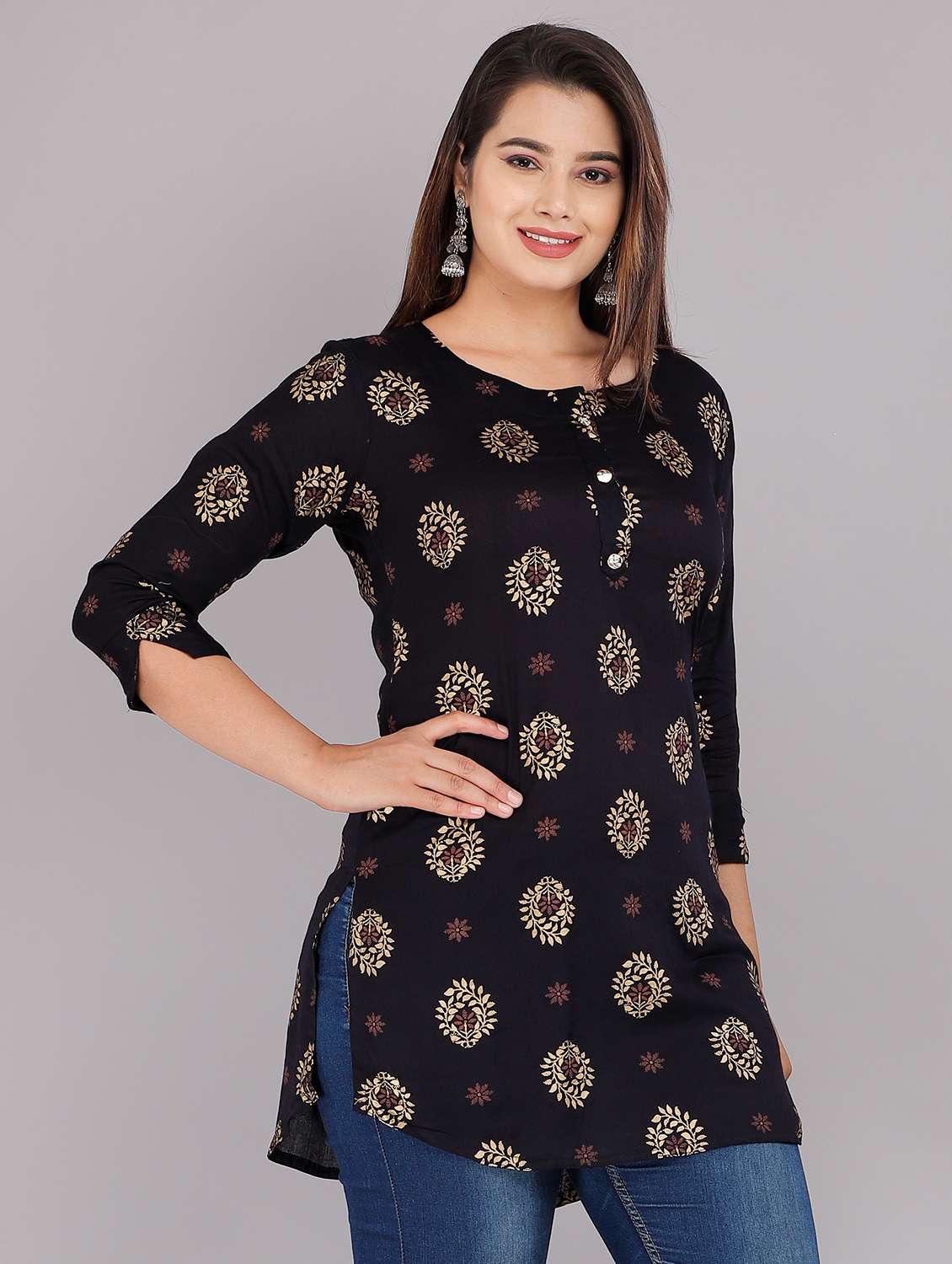 Navy Gold Printed Straight Kurta
