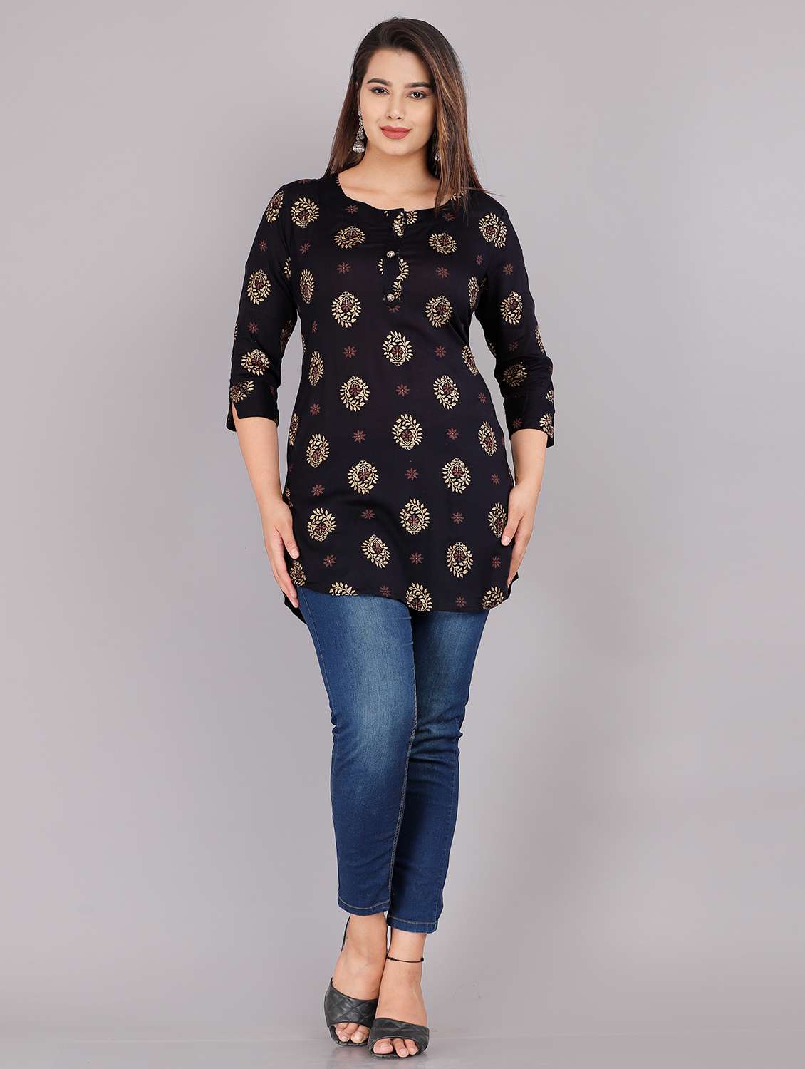 Navy Gold Printed Straight Kurta