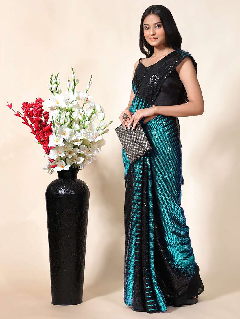 turquoise georgette embroidered saree with blouse