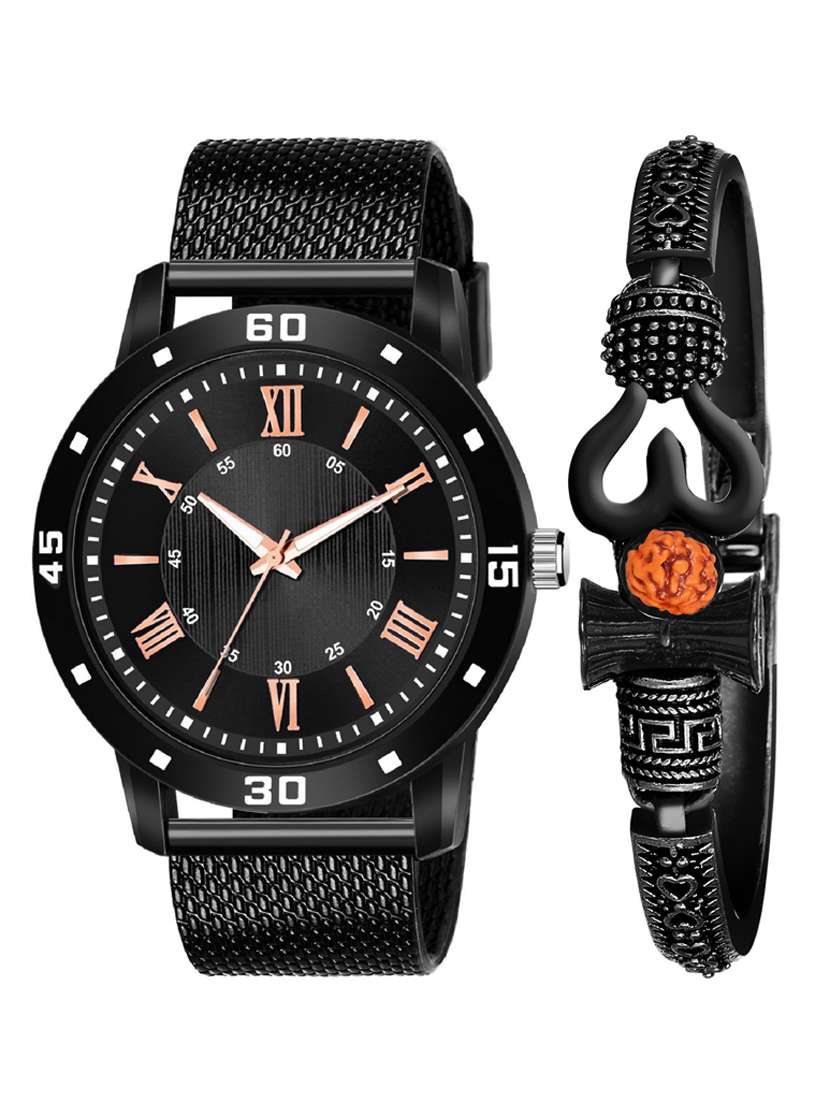kajaru new fancy stylish - black pu strap & mahadev bracelet combo watch