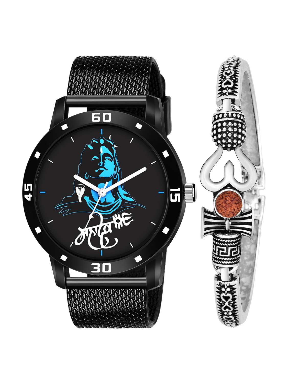 kajaru new fancy stylish - black pu strap & mahadev bracelet combo watch
