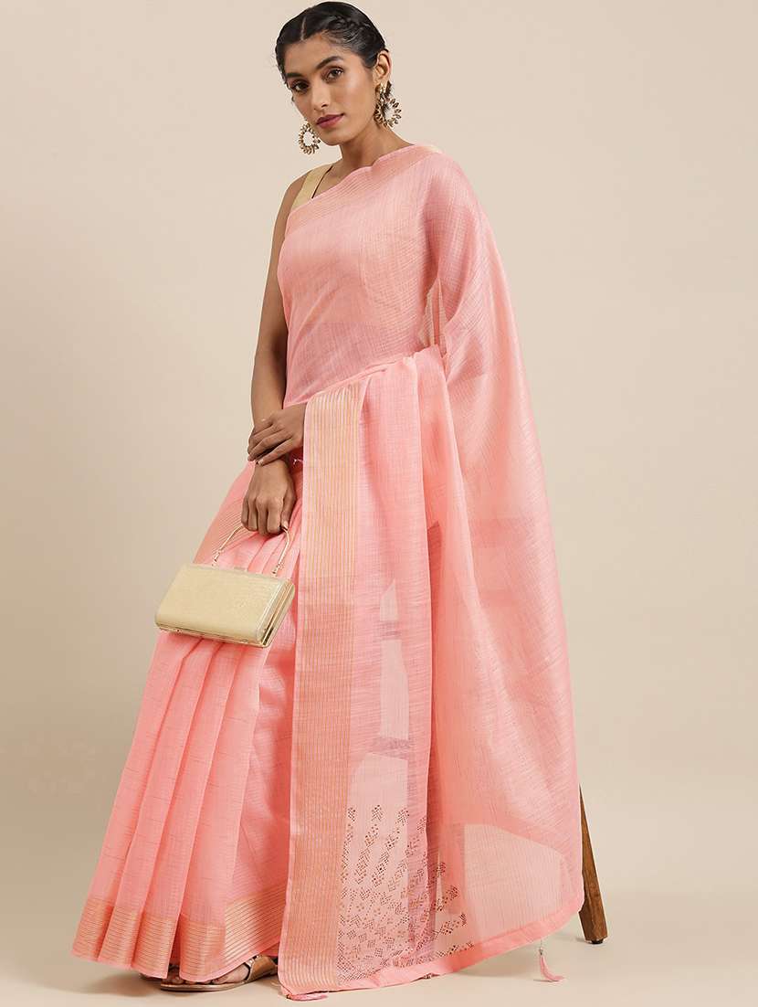 women's solid peach colored saree with blouse