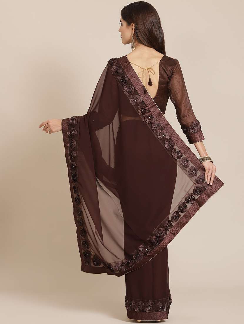 women's solid coffee brown colored saree with blouse - 18389412 -  Standard Image - 1