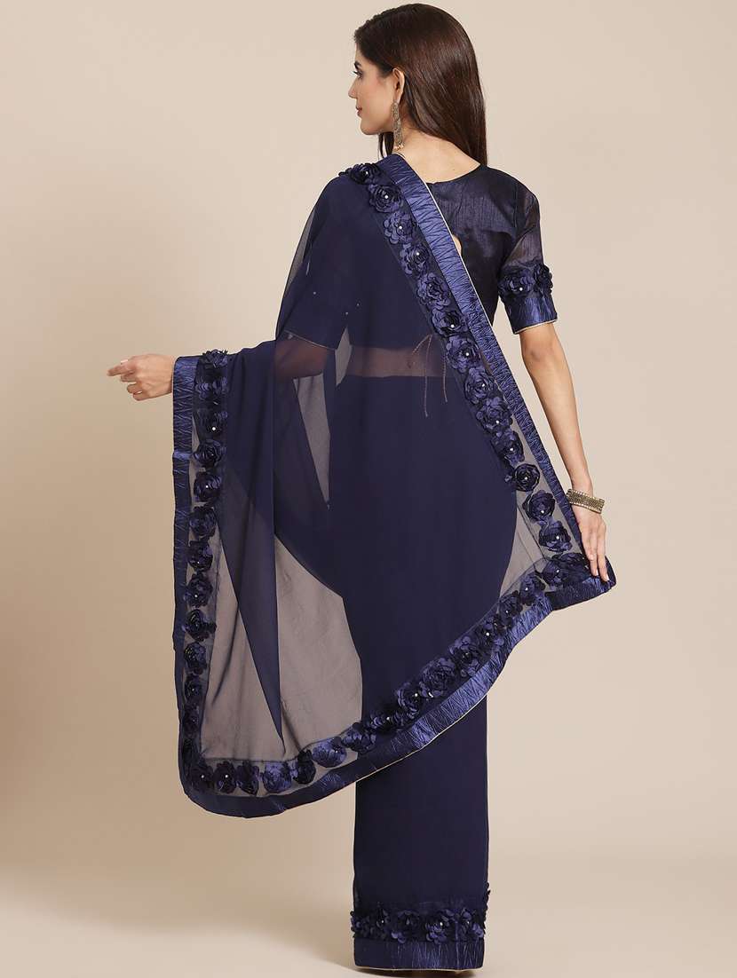 women's solid navy blue colored saree with blouse - 18389414 -  Standard Image - 1