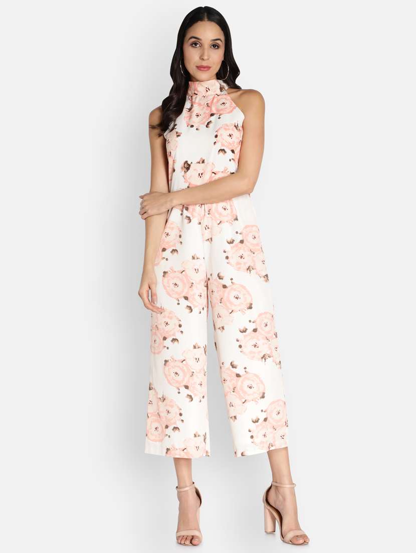 halter neck floral full leg jumpsuit
