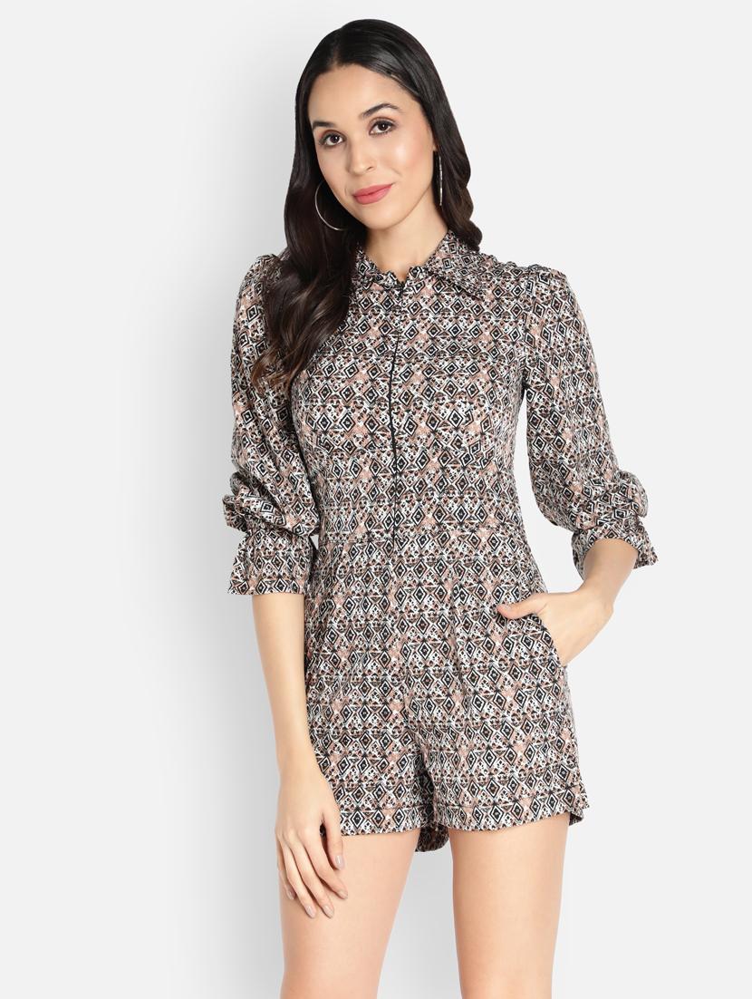 shirt collar printed romper 
