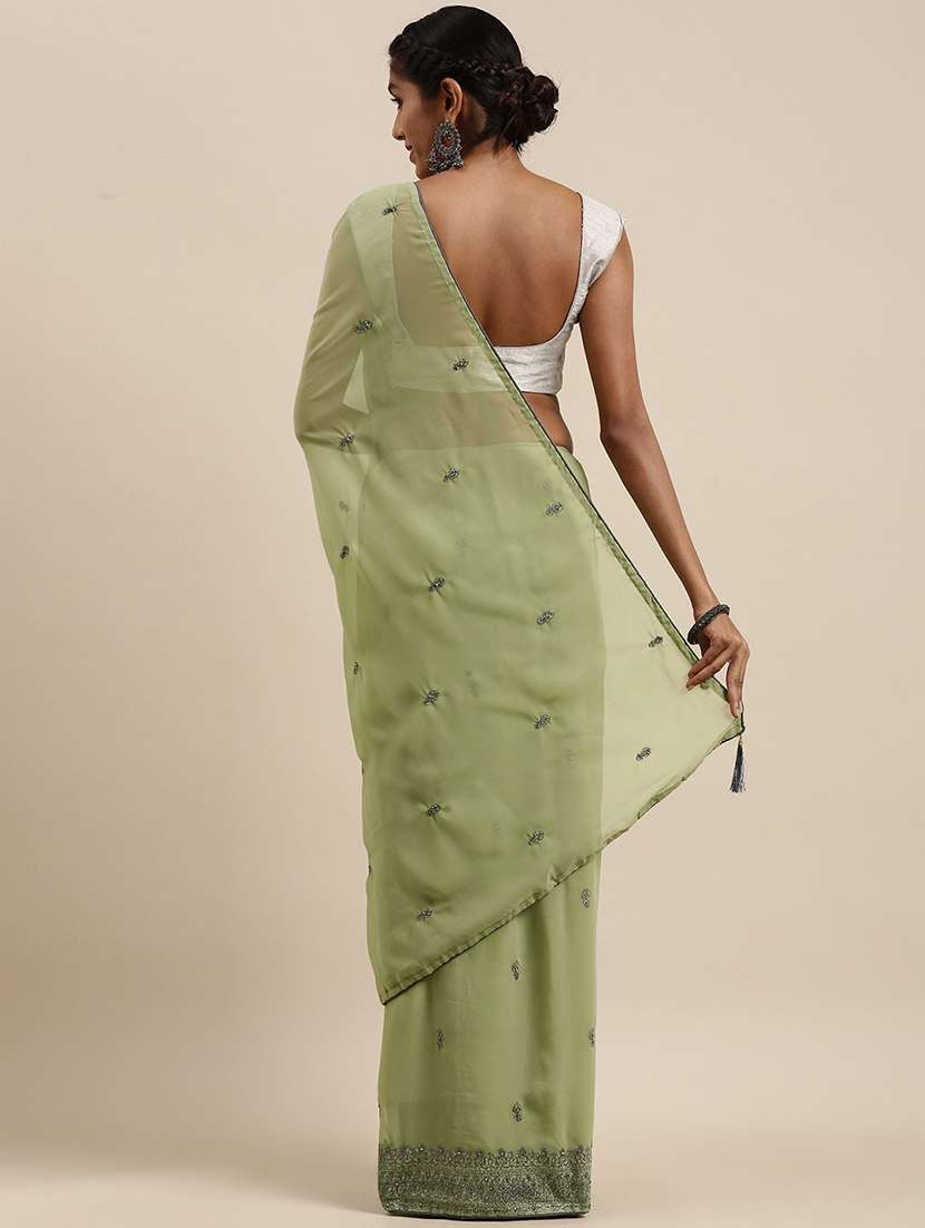 green georgette embroidered saree with blouse - 18390130 -  Standard Image - 1