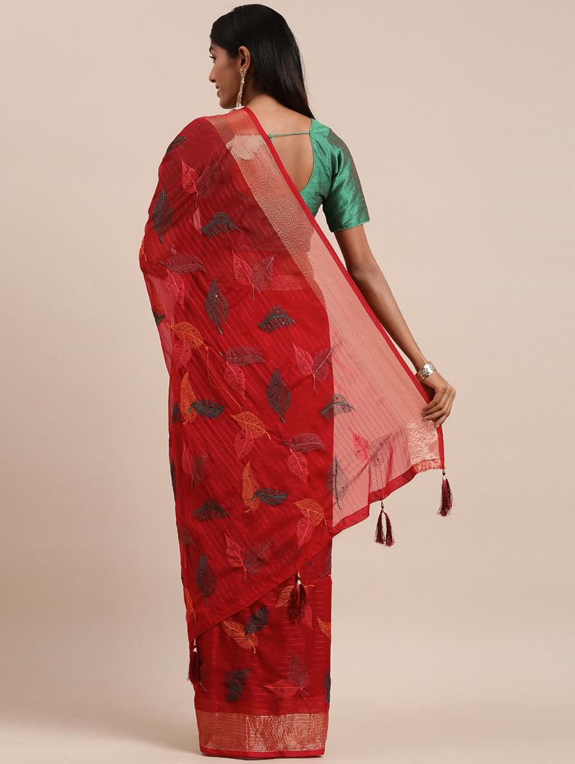 red chiffon embroidered saree with blouse - 18390135 -  Standard Image - 1
