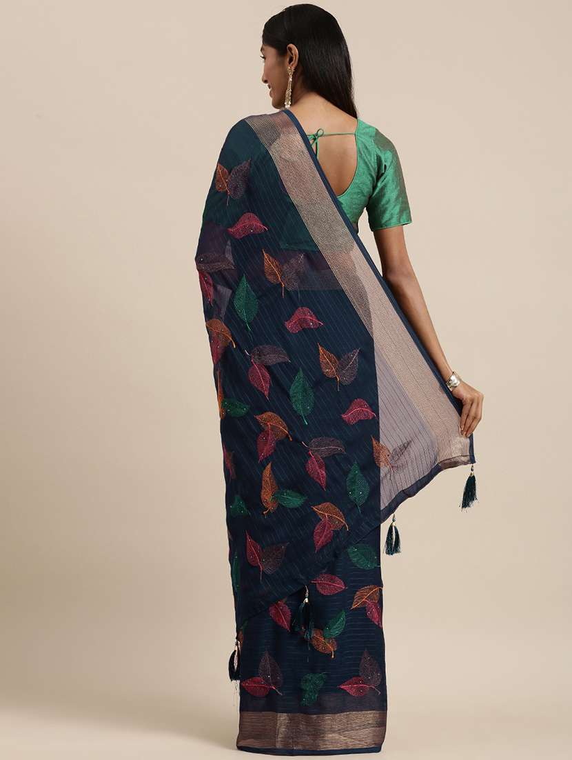 navy chiffon embroidered saree with blouse - 18390136 -  Standard Image - 1