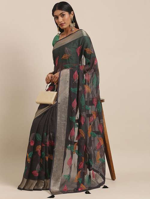 grey chiffon embroidered saree with blouse - 18390137 -  Standard Image - 0
