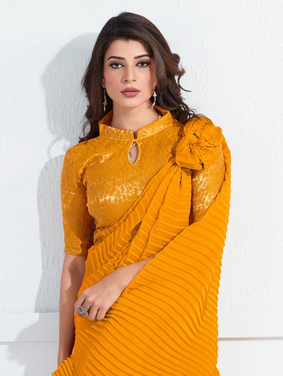 mustard georgette plain saree with blouse - 18390164 -  Standard Image - 1