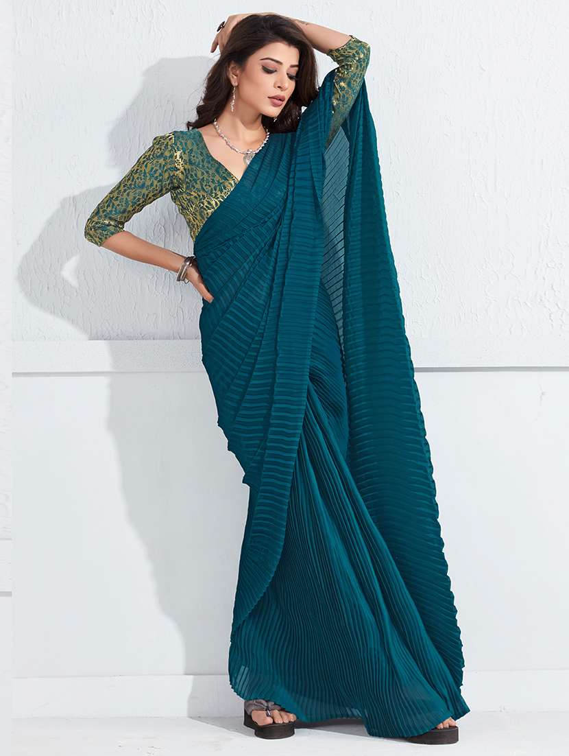 women's solid teal colored saree with blouse