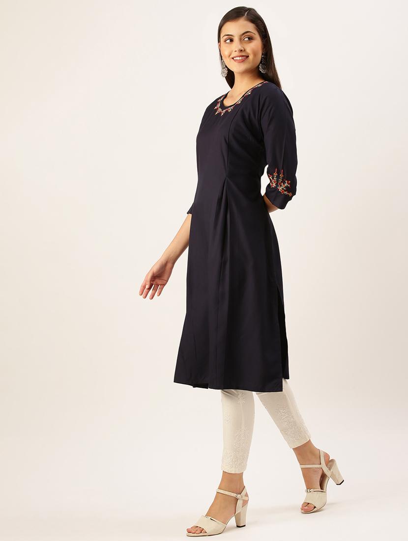 navy solid a-line kurta - 18390195 -  Standard Image - 1