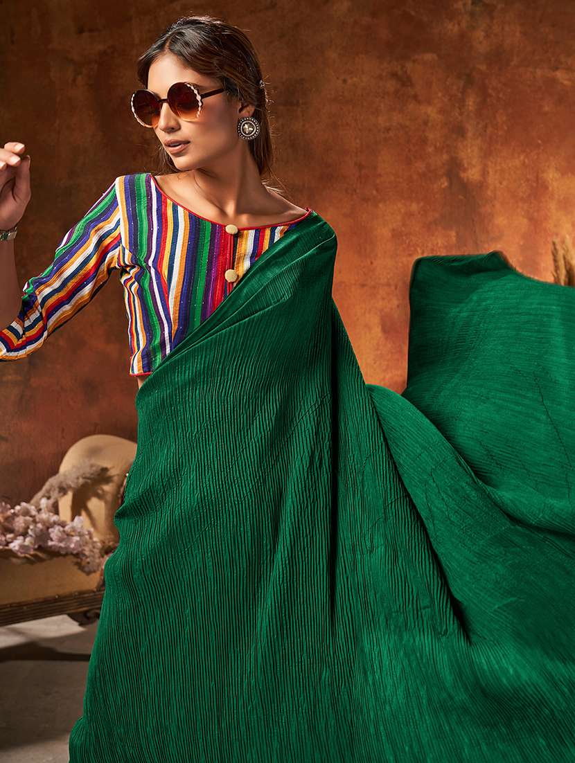 green georgette plain saree with blouse - 18390543 -  Standard Image - 1