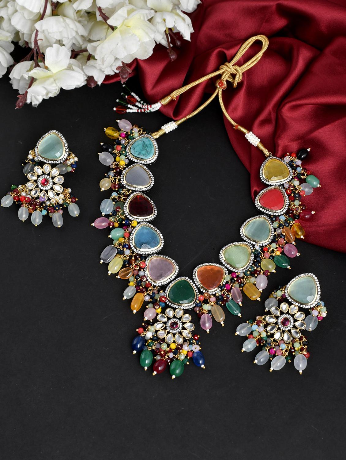 multi colored brass necklaces and earring