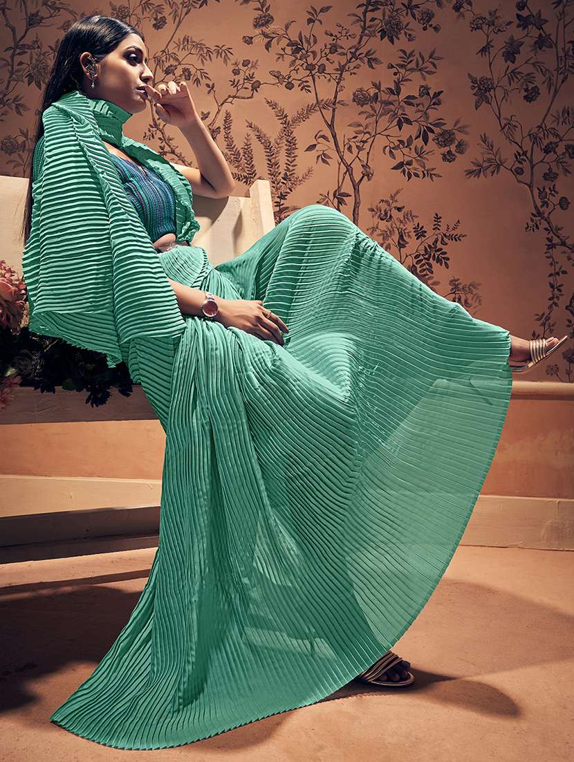 pleated plain saree with blouse - 18391656 -  Standard Image - 1