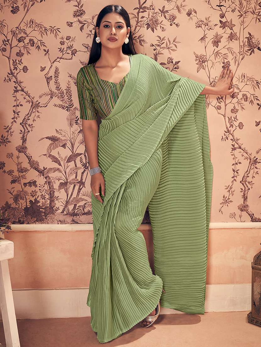green georgette plain saree with blouse
