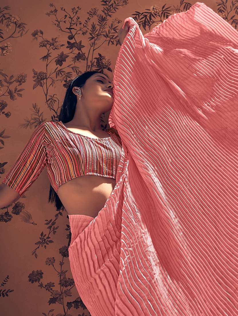 peach georgette plain saree with blouse - 18391660 -  Standard Image - 1