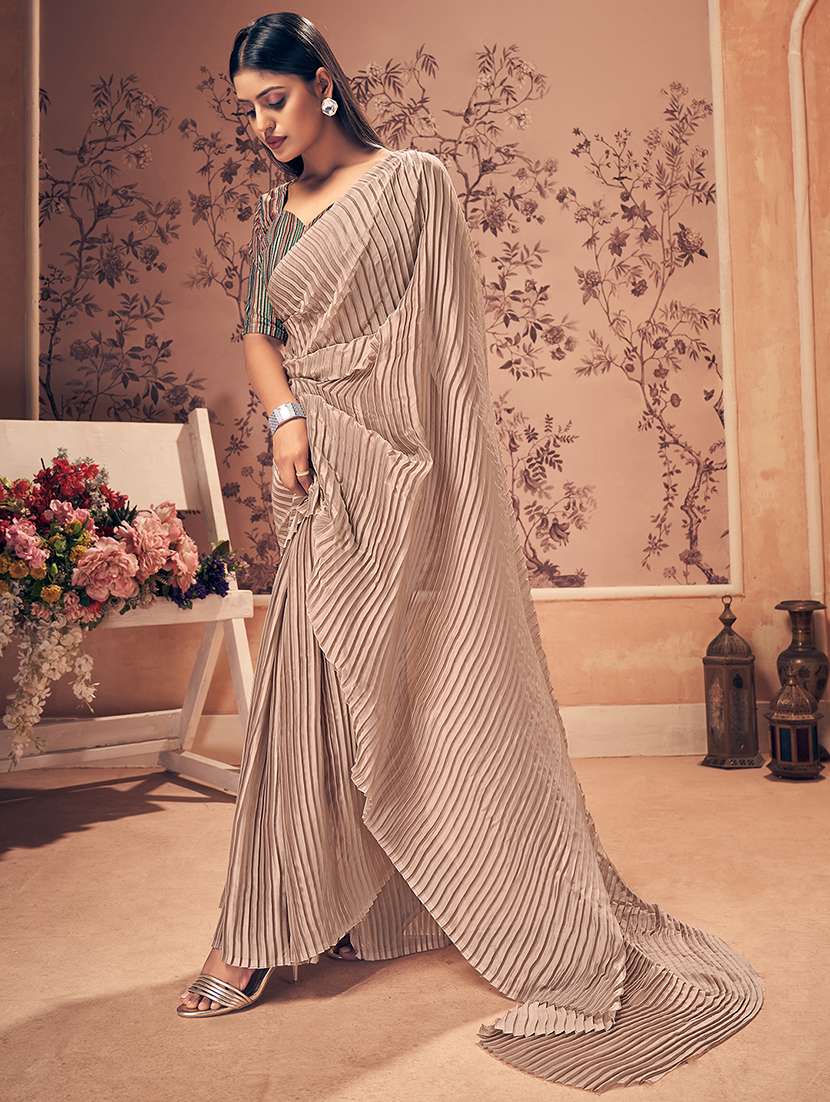 brown georgette plain saree with blouse