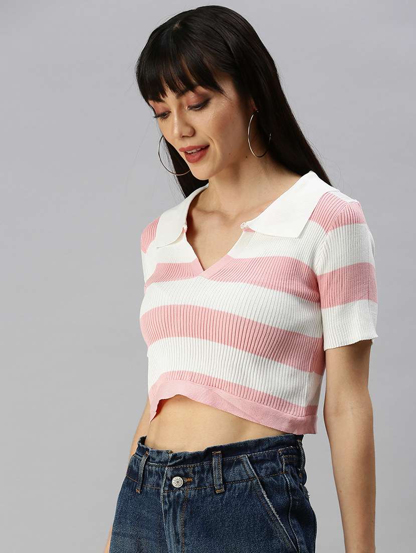 short sleeves striped crop top - 18391991 -  Standard Image - 1