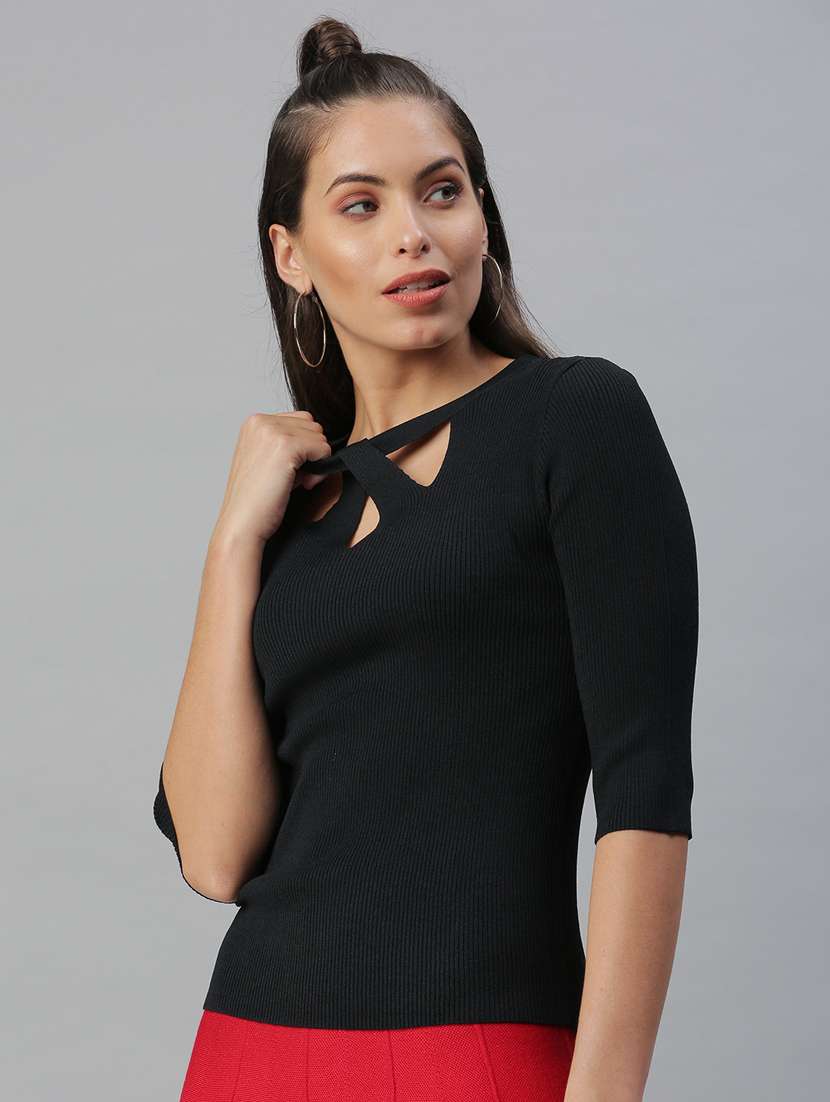 women's solid black x neck top - 18392138 -  Standard Image - 1