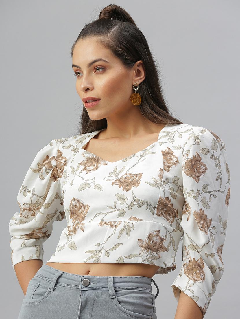 puff sleeve floral crop top - 18392149 -  Standard Image - 1