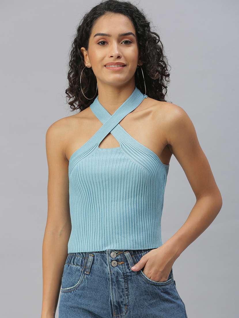 women's crop key hole neck top