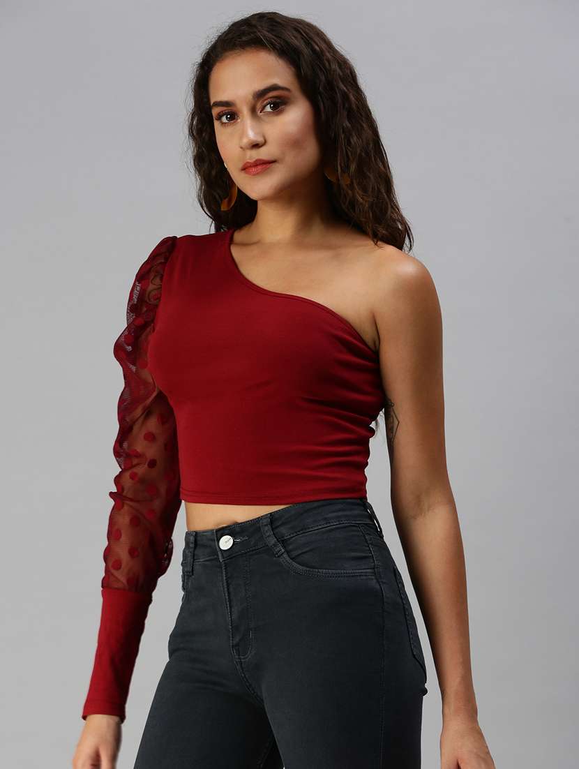 puff sleeve solid crop top  - 18392173 -  Standard Image - 1