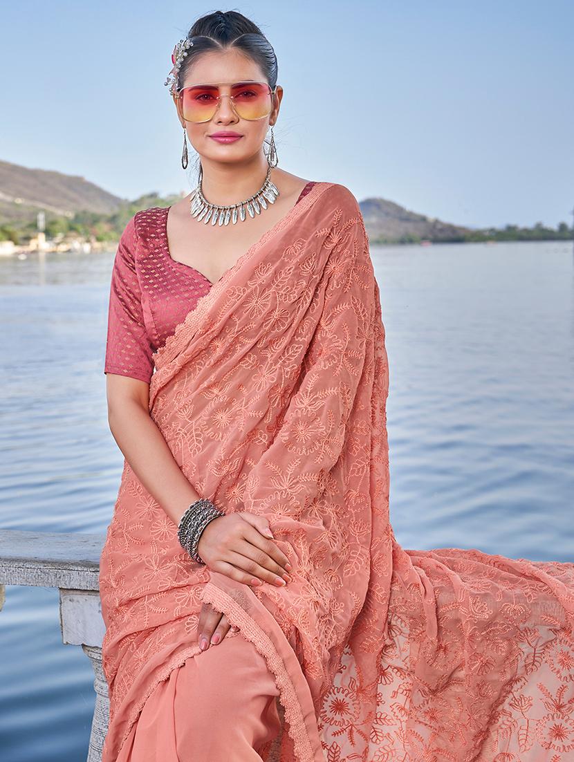 peach georgette embroidered saree - 18392528 -  Standard Image - 1