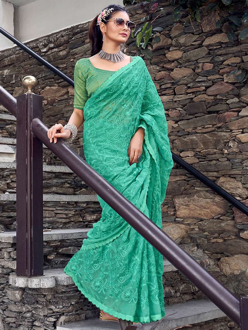 turquoise georgette embroidered saree - 18392533 -  Standard Image - 1