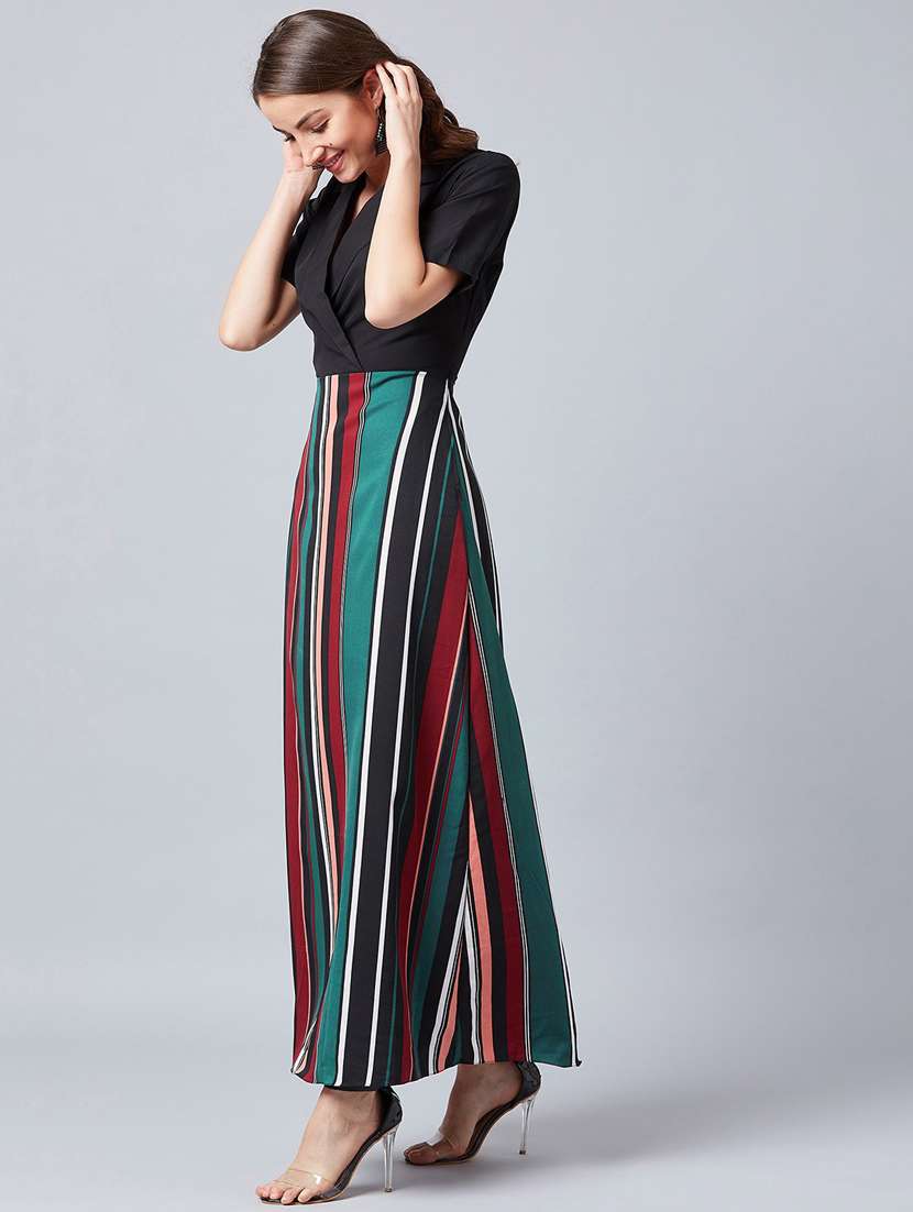 lapel neck striped a-line dress - 18392610 - Standard Image - 1