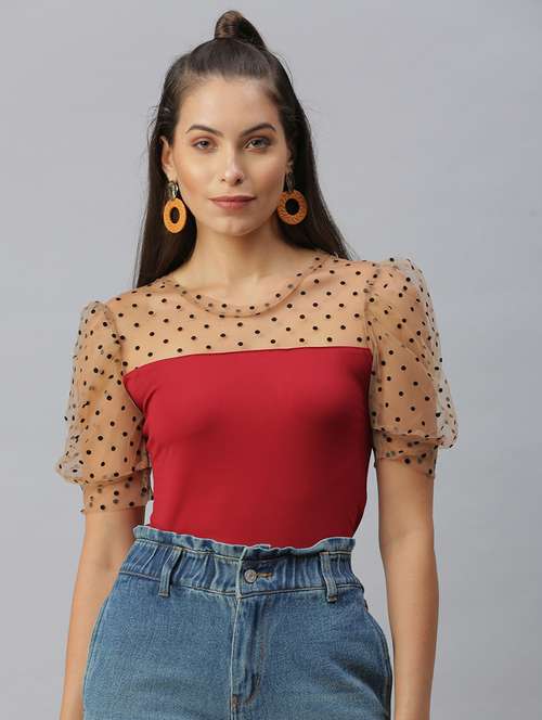 women red self design round neck top - 18392619 - Standard Image - 0
