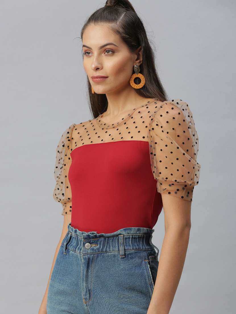 women red self design round neck top - 18392619 - Standard Image - 1