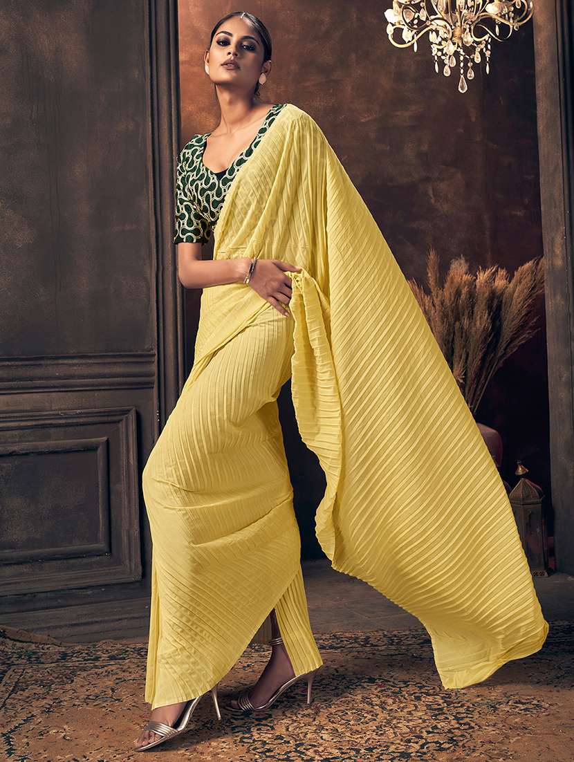 yellow georgette plain saree