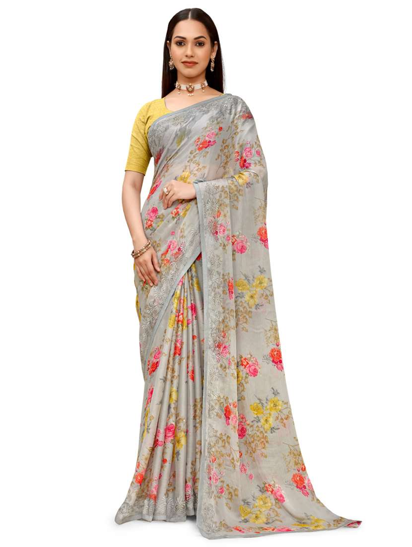 grey chiffon printed saree with blouse