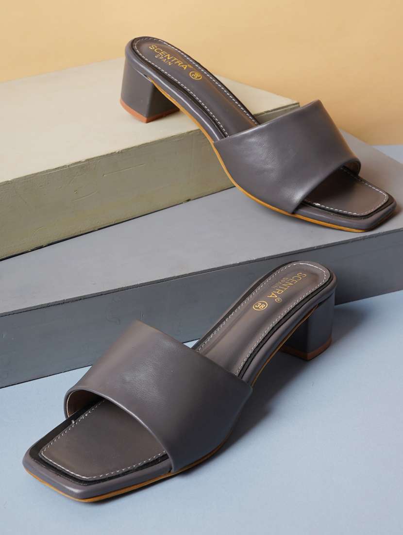 grey synthetic slip on sandals
