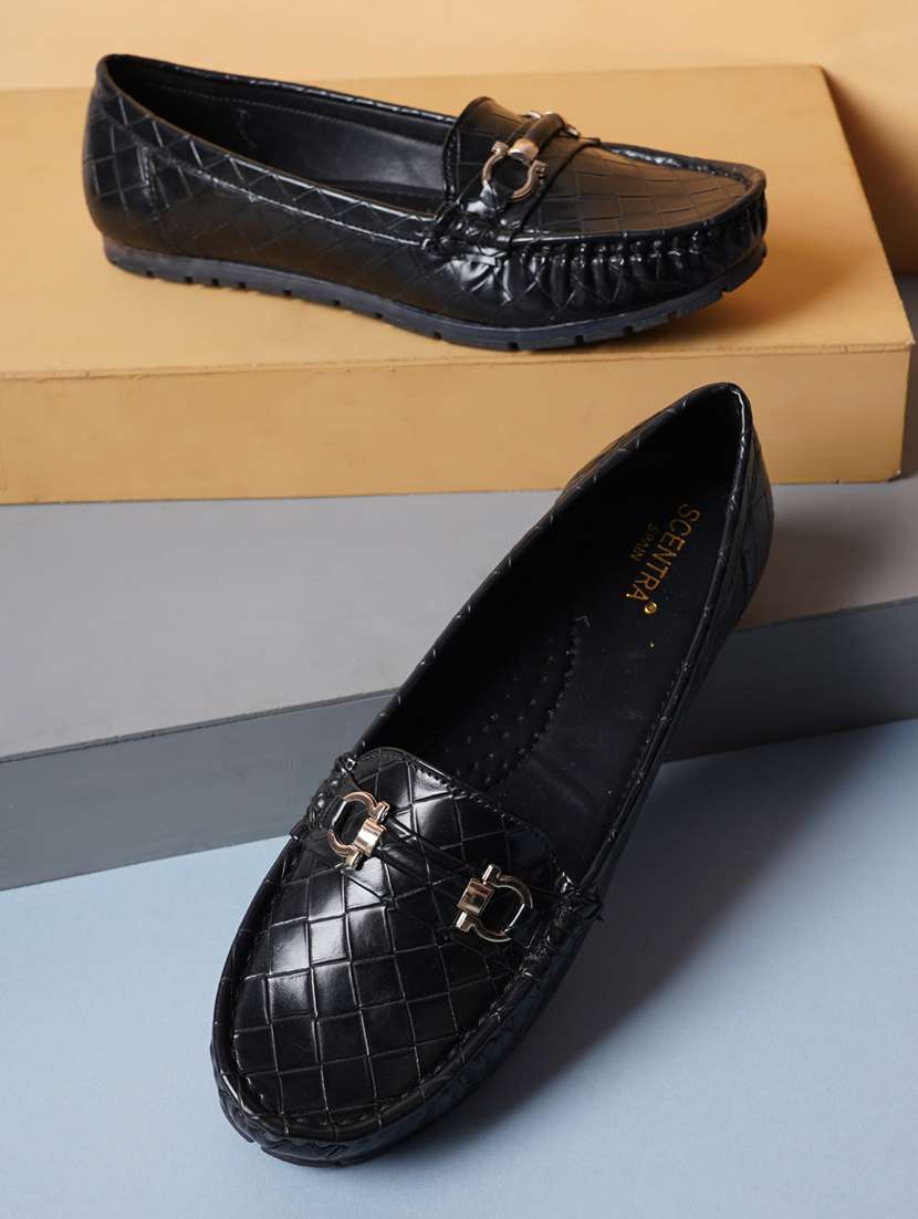 black synthetic slip on loafers