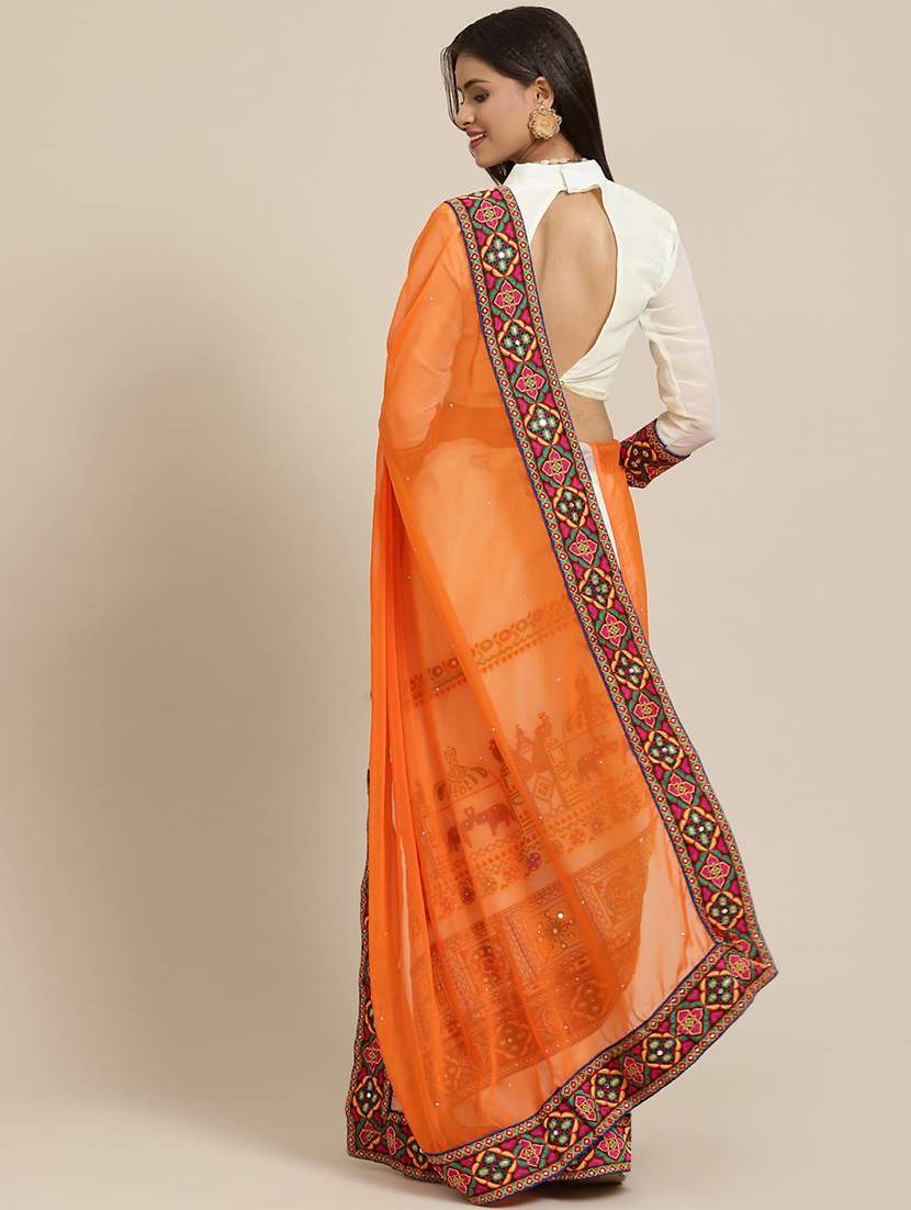 women's solid with work orange colored saree with blouse - 18394834 - Standard Image - 1