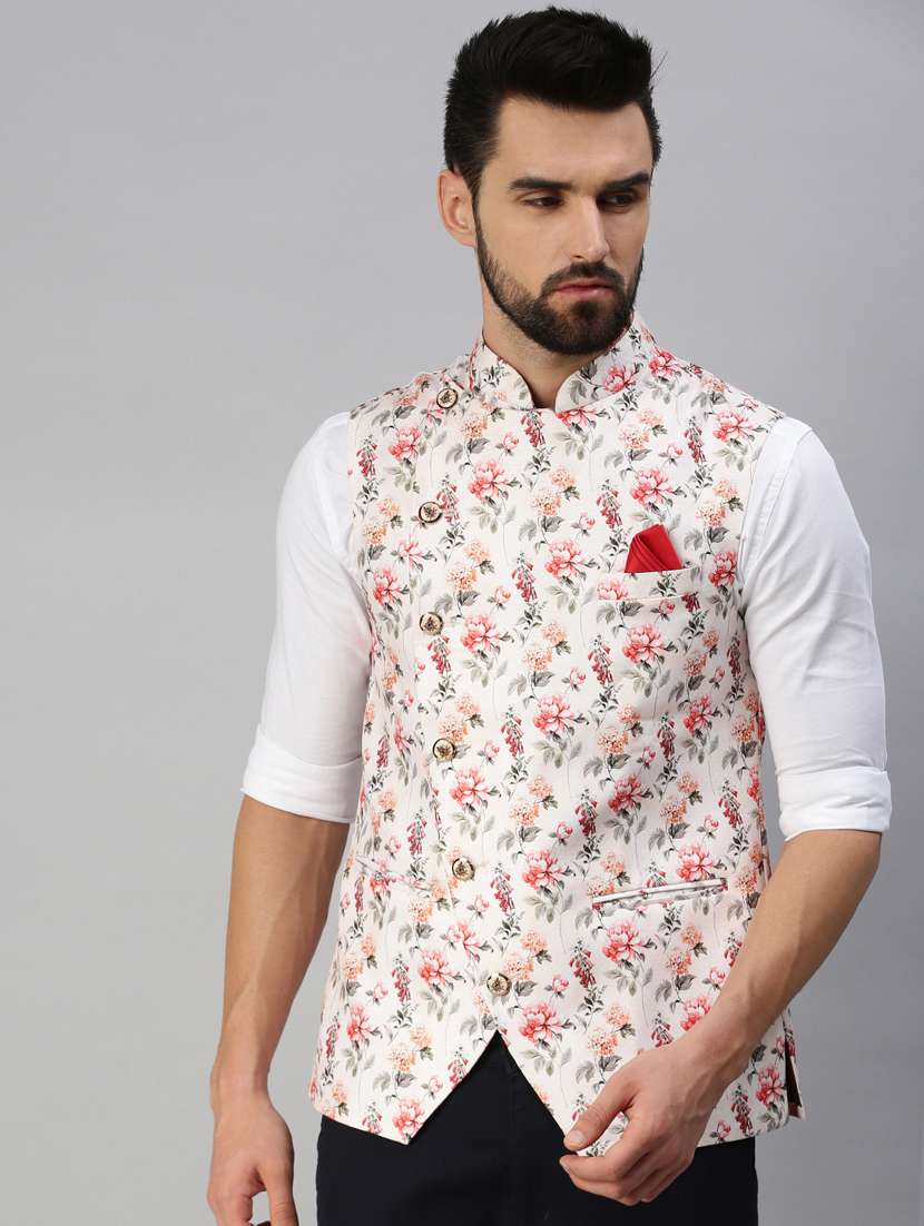 white printed nehru jacket