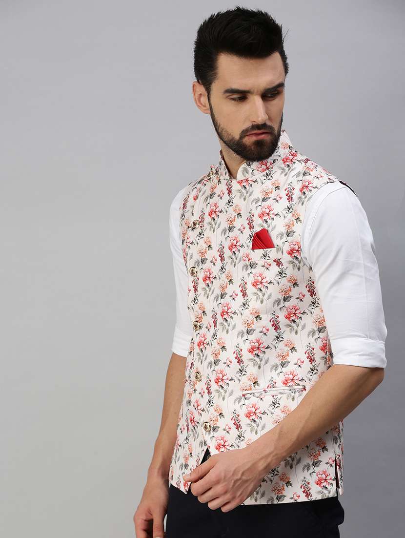 white printed nehru jacket - 18395145 -  Standard Image - 1