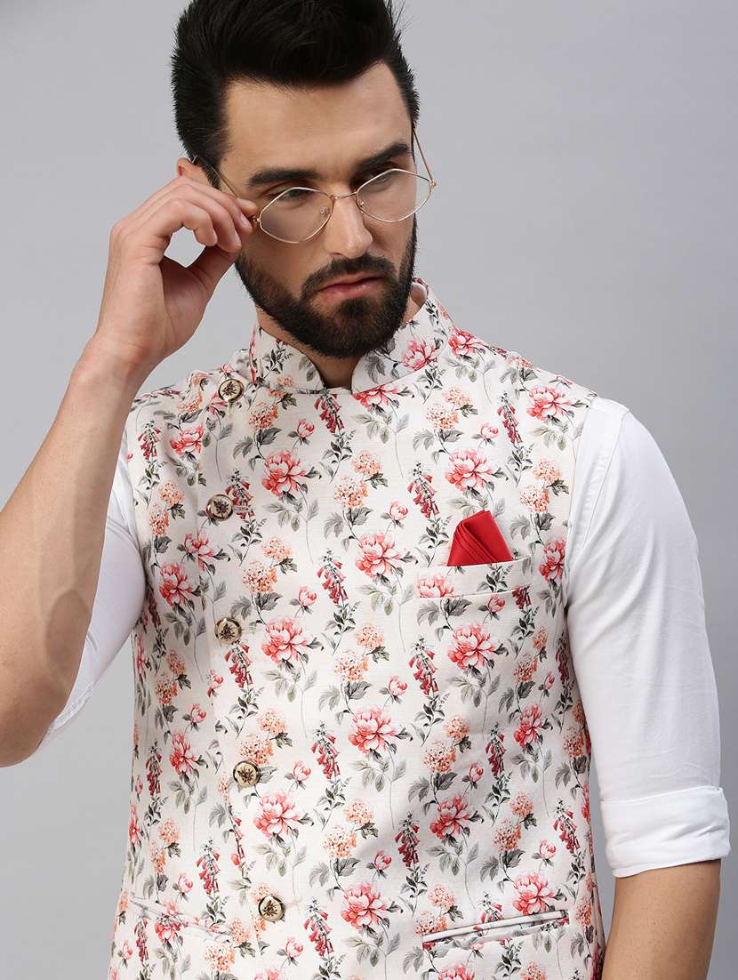 white printed nehru jacket - 18395145 -  Standard Image - 4